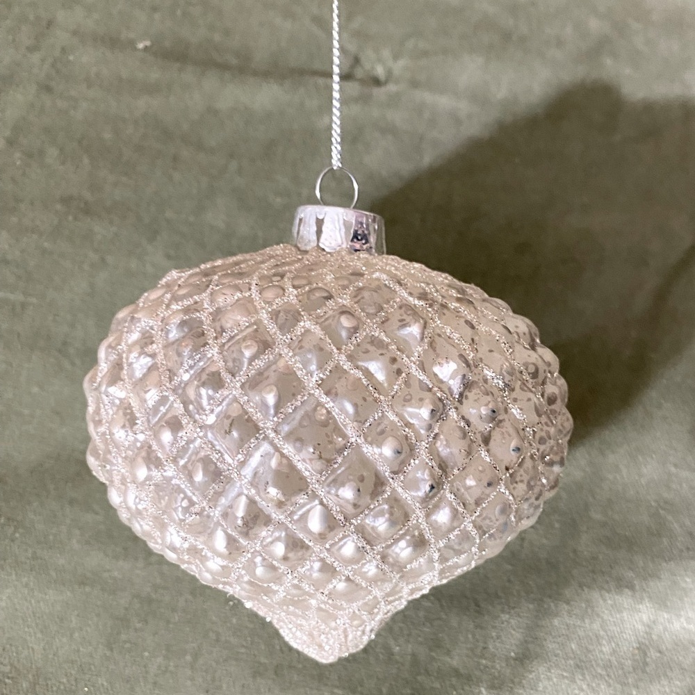 Ameri Christmas Blown Glass 5" ornament white with glitter stamped on cap OSCH
